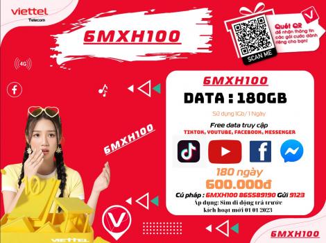 Đăng ký gói 6MXH100 Viettel 600K 180Gb + Free Data Tiktok Youtube Facebook/ 180 ngày