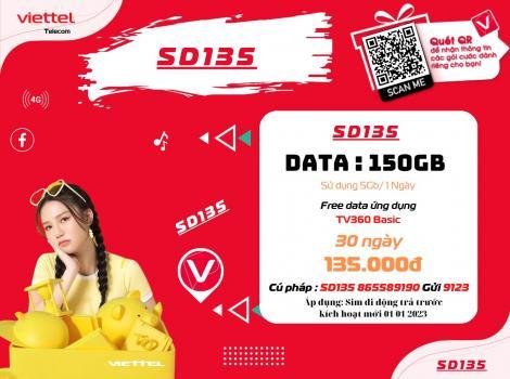 Đăng Ký Gói SD135 Viettel 135K 150Gb (5Gb/ Ngày) + TV360 2024
