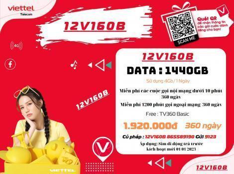 Đăng Ký 12V160B Viettel 1440Gb, Miễn Phí Gọi 12 Tháng Liên Tục 2024