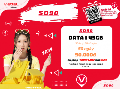 Đăng ký Data Viettel 90k 1 tháng Ưu đãi 1Gb+, Gọi miễn phí Nội Mạng và Ngoại Mạng