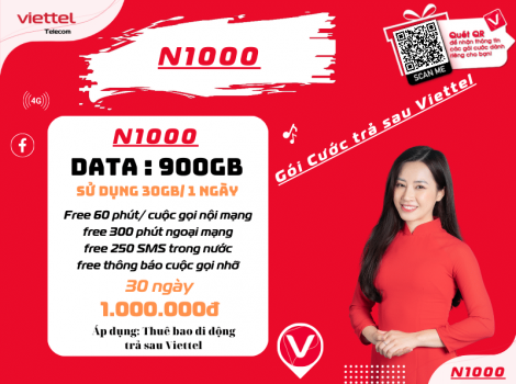 Gói Cước Trả Sau N1000 Viettel 30Gb 1 Ngày Ưu Đãi Nhất