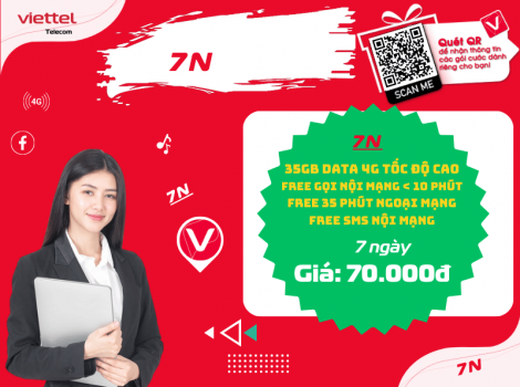 Gói 70k Viettel ưu đãi 5Gb/ ngày và miễn phí gọi