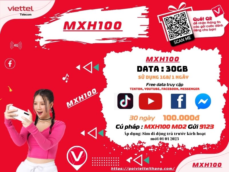 Đăng ký gói MXH100 Viettel sử dụng 1 tháng