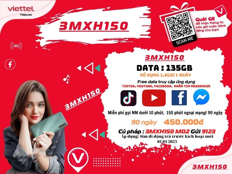 Đăng ký gói MXH150 Viettel sử dụng 3 tháng 2024