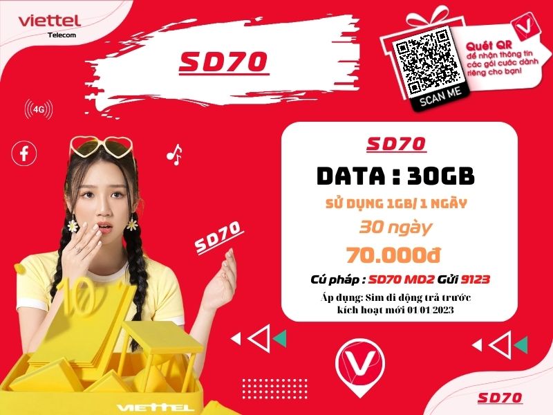 Đăng ký gói SD70 Viettel sử dụng 1 tháng
