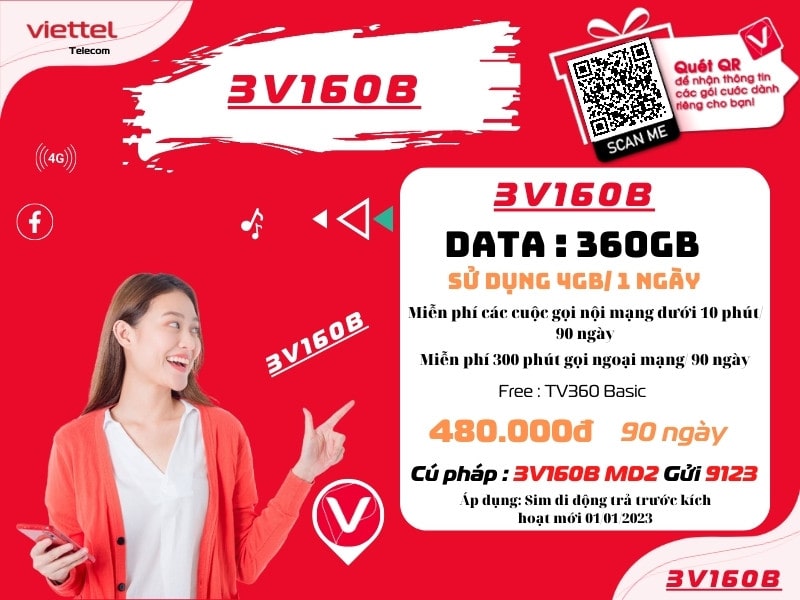 Đăng ký gói V160B Viettel sử dụng 3 tháng