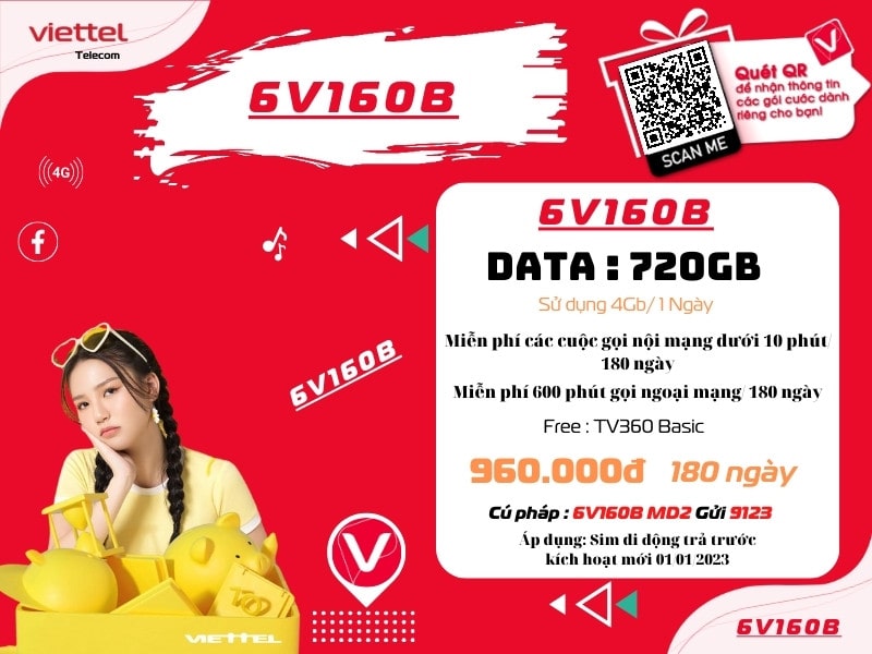 Đăng ký gói V160B Viettel sử dụng 6 tháng