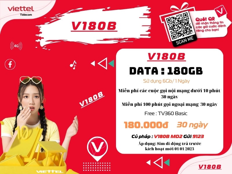 Đăng ký gói V180B Viettel sử dụng 1 tháng