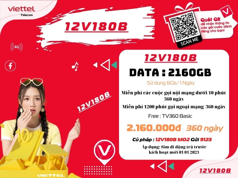 Đăng ký gói V180B Viettel sử dụng 12 tháng