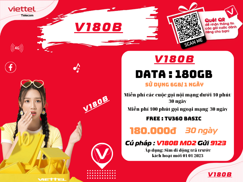 Gói 4G Viettel 180k 1 tháng