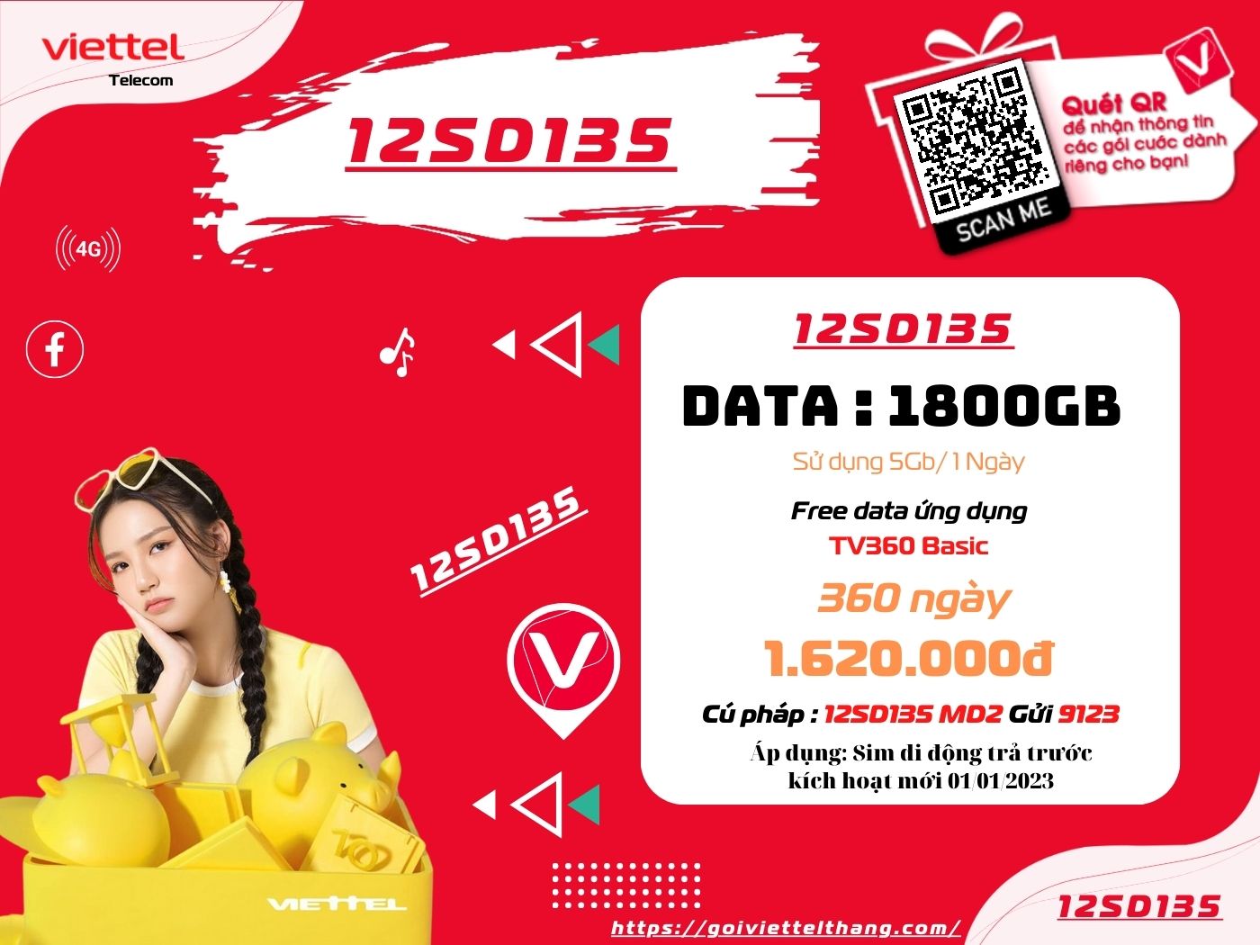 Sim 4G Viettel trọn gói 1 năm 5Gb 1 ngày